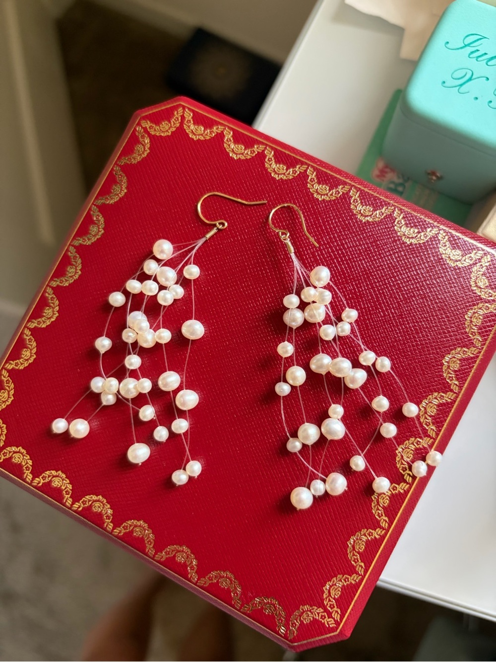 Pearl Cascade Dangle Earrings - real fresh water Pearls
